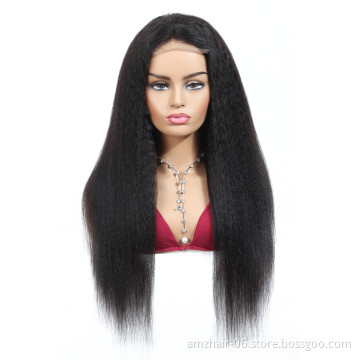 Natural Yaki Human Hair 4X4 Lace Wig Pre Plucked Wholesale Peruvian Cuticle Aligned Human Hair Kinky Straight Lace Closure Wig